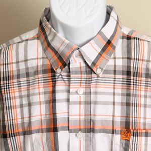CINCH Men's white, brown and orange plaid short sleeve cowboy cut shirt Large L
